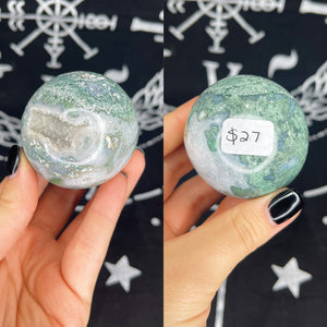 Open image in slideshow, Moss Agate Druzy Sphere
